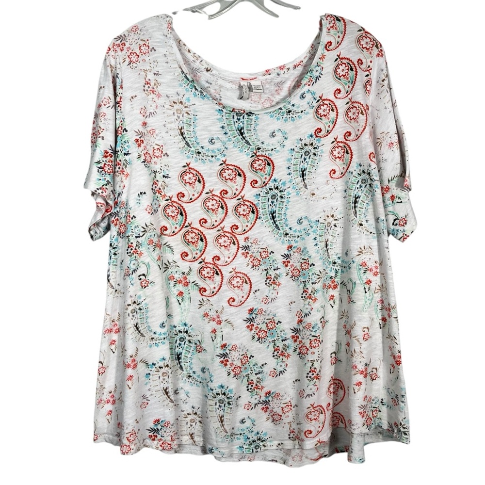 Cato Plus Size White Paisley Pastel Print Short Sleeve Casual Cotton Blend Top